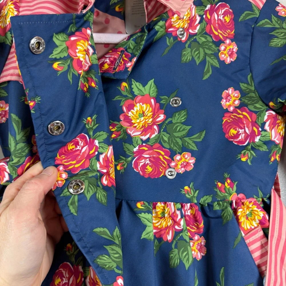 Matilda Jane Floral Trench Coat Girls 2T Navy Pink Rose Polka Dot Whimsical Prep